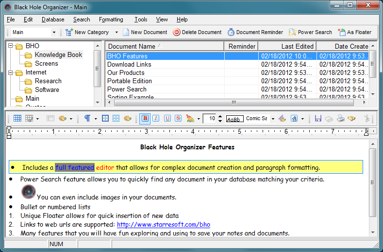 Black Hole Organizer - Free-form, web enabled information and document manager.